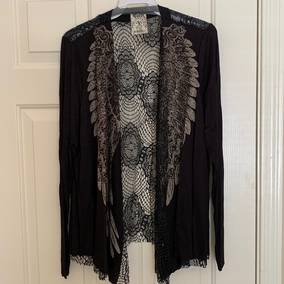 NWT VOCAL black & gold/taupe rhinestone & lace cardigan size small. Gorgeous! - Picture 3 of 9